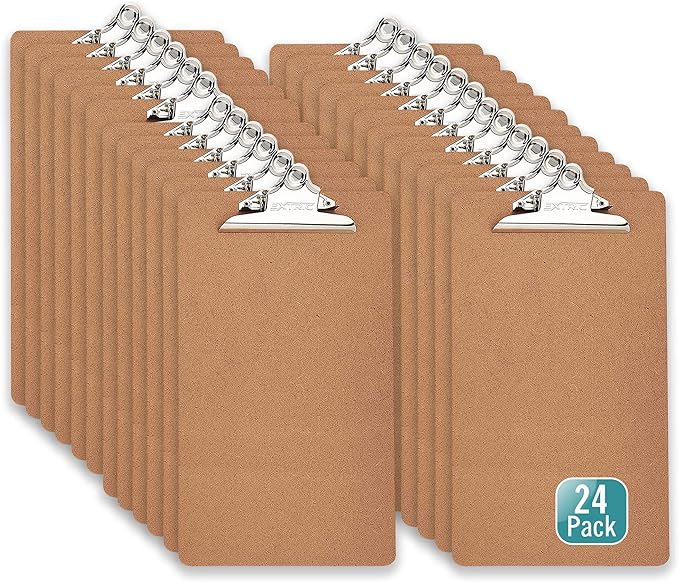 24 Clipboards Standard A4 Letter Size, 9x12.5 inch Wooden Clipboard with 6" Metal Clip, Hardboard, Fits 8.5 x 11 Inch Paper, Bulk Pack