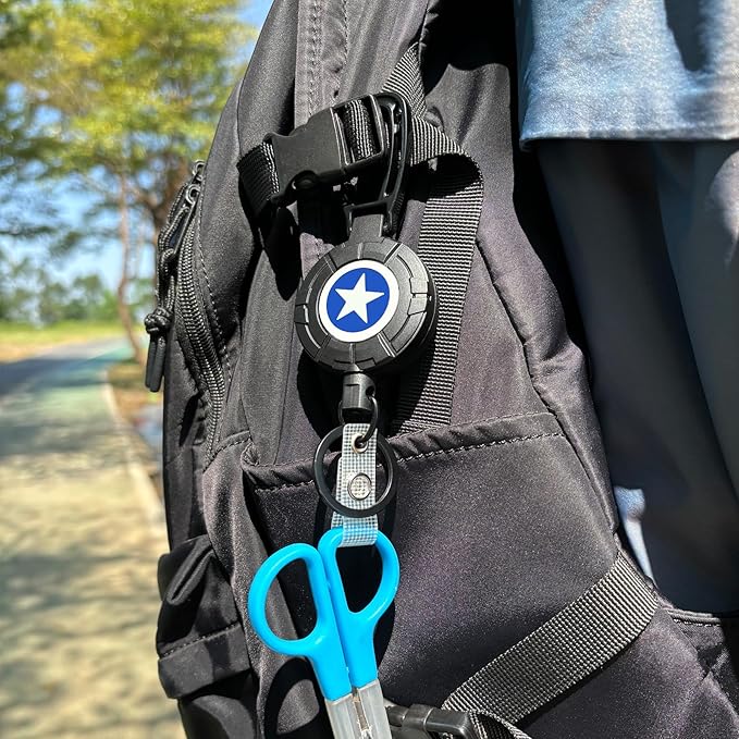 Rotating Blue Star Faceplate Badge Reel with Retractable Steel Wire Keychain, Heavy Duty Carabiner Holder, Ideal for Key & Card Storage Gift for Men
