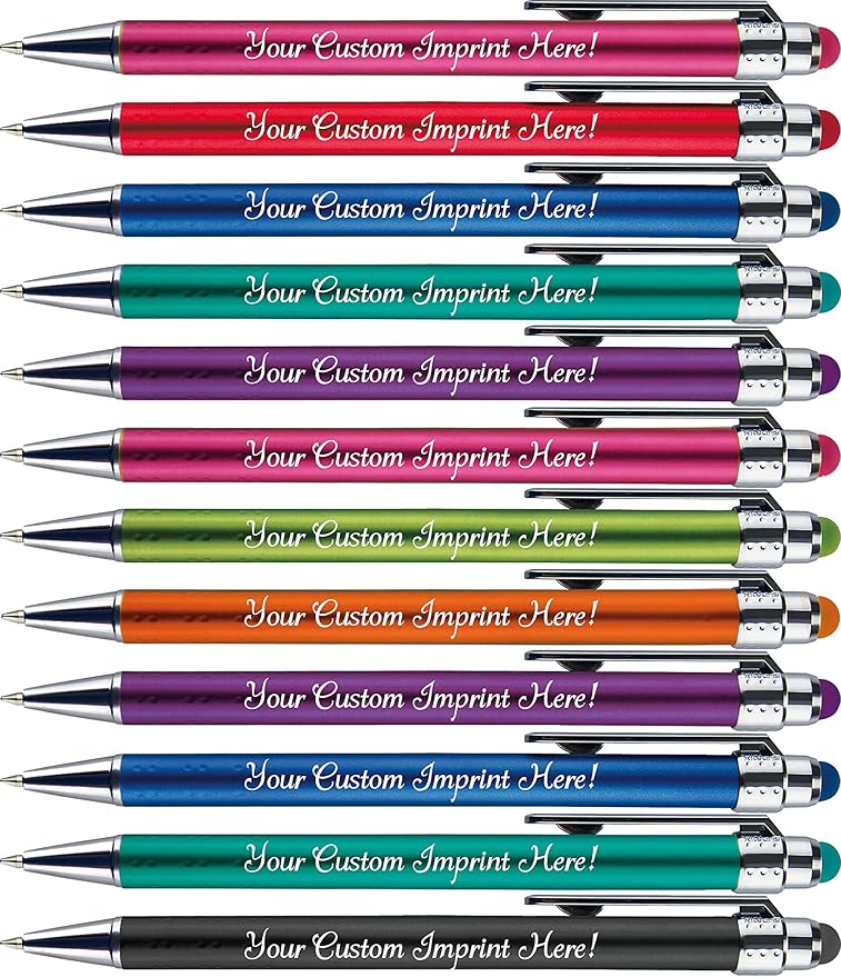 Personalized Pens with Stylus Tip -Bright Vibes- Click action - Custom - Black writing - Printed Name pens - Imprinted with Your Logo or Message - FREE PERSONALIZATION - 12 Pens/Box (Blue)
