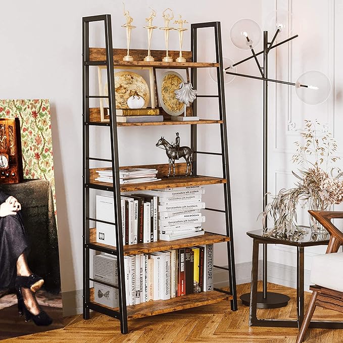 IRONCK Industrial Bookshelves and Bookcases, Ladder Shelf 5 Tiers with Metal Frame for Living Room, Home Office, Rustics Brown