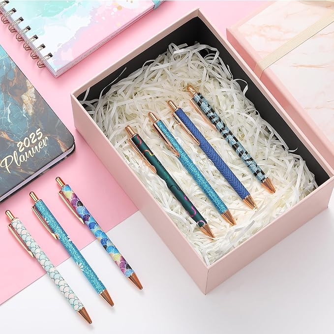 Mr. Pen- Fancy Pens for Women, Azure Elegance, 7 Black Ink Ballpoint Pens with 10 Refills, 1.0mm, Cute Pens for Journaling, Easter Gift