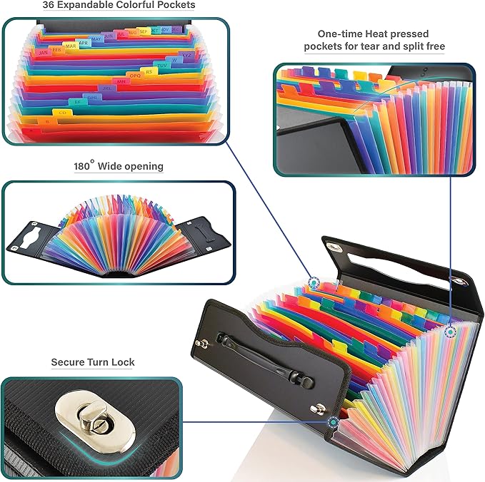 CNK Accordion File Folders with 36 Pockets Organizer for Document Paper Storage Folder Documents Expanding Binder Folio Pocket Receipt Filing Expandable Files Dividers Labels Letter Durable Handle