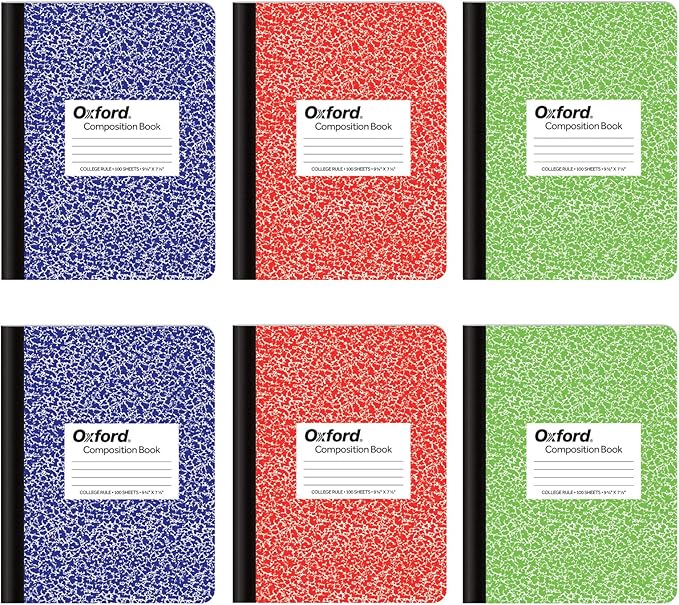 Oxford Composition Notebook 6 Pack, College Ruled Paper, 9-3/4 x 7-1/2 Inches, 100 Sheets, Assorted Marble Covers. 2 Each: Blue, Green, Red (63763)