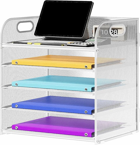 5 Tier Paper Organizer with Handle, Metal Mesh Desk Organizer File Folder Organizer Paper Letter Tray Desktop Document Sorter for Classroom, School, Office Organization and Storage - White