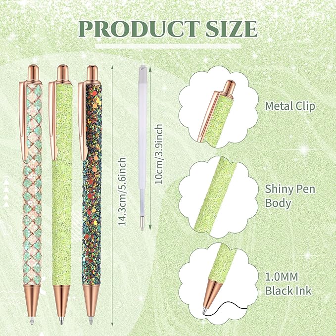 Sherr 7 Pcs Fancy Pens for Women Cute Sparkly Glitter Pens with 10 Pcs Black Ink Refills Pretty Gifts for Girls Office School Christmas Graduation(Green,Fresh)