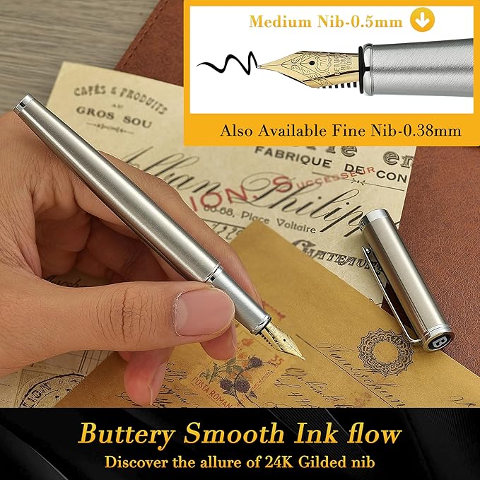 BEILUNER Luxury Fountain Pen Set, Solid 24K Gilded Medium Nib, Silver Stainless Steel Body- Includes 6 Ink Cartridges & Ink Refill Converter with Gift Case - Nice pen for Men and Women