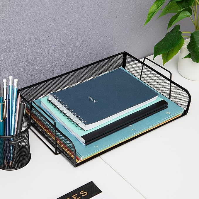 Mind Reader Stackable Paper Tray, Desktop Organizer, File Storage, Office, Metal Mesh, 13.25" L x 9.75" W x 6.25" H, 2 Pcs., Black