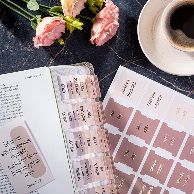 DiverseBee Laminated Bible Tabs (Rose Gold Embossed Lettering), Bible Journaling Supplies, Bible Book Tabs, Christian Gift, 73 Bible Tabs for Women and Men, Includes 4 Blank Tabs (Pearl)