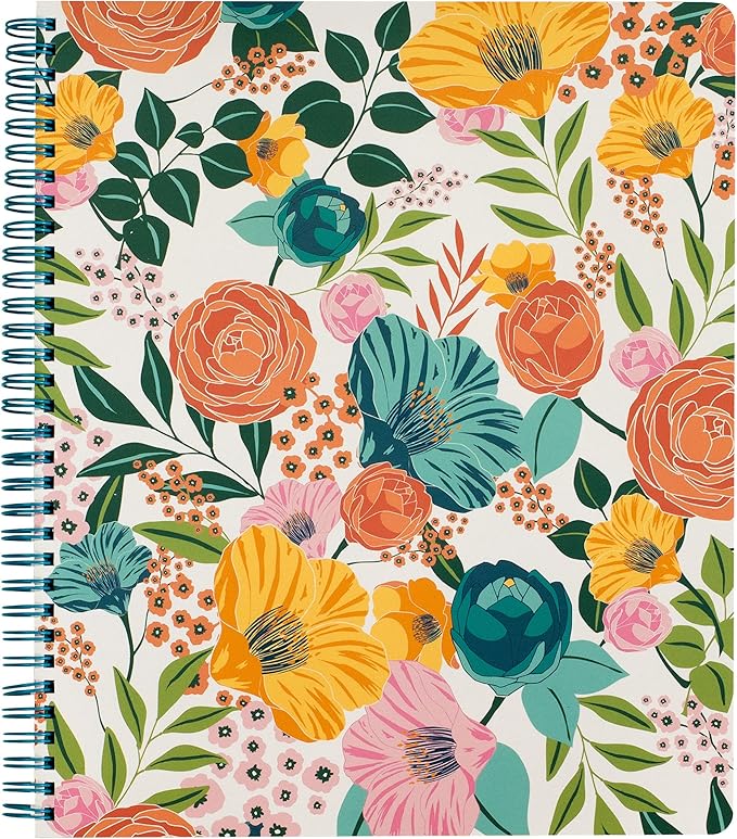 Steel Mill & Co Cute Large Spiral Notebook College Ruled, 11" x 9.5" with Durable Hardcover and 160 Lined Pages, Garden Blooms (Cream)