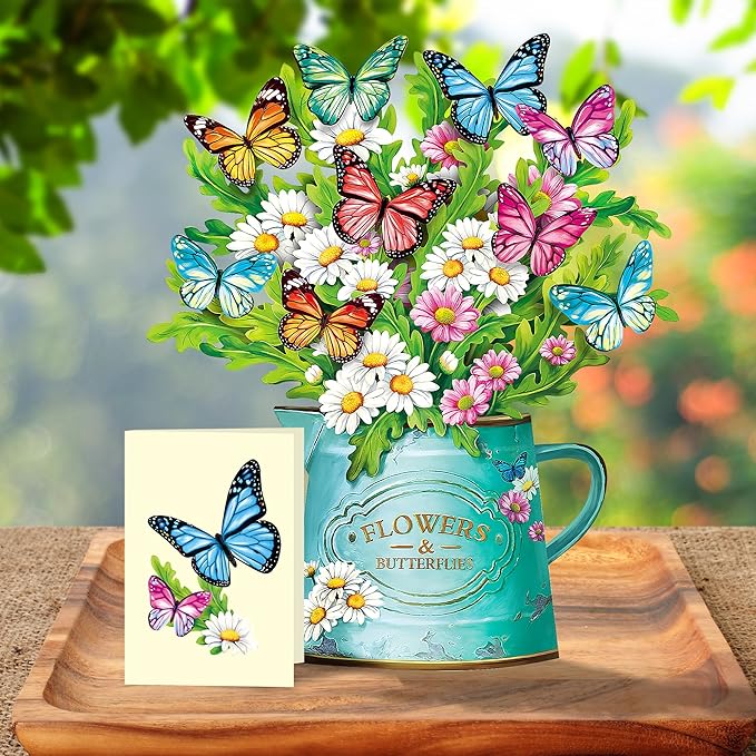 Airpark Pop Up Flower Cards, 2 Packs, Daisies and Butterflies,12inch Flower Bouquet 3D Popup Greeting Cards with Blank Note Card and Envelope for Birthday, Easter, Mothers day for Women Kids