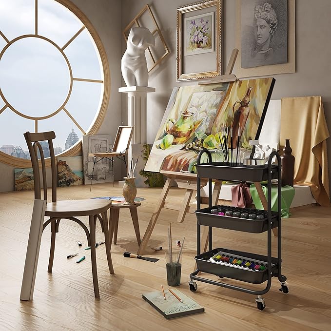 3-Tier Black Utility Rolling Cart,Kitchen Storage Carts with Wheels,Black Metal Rolling Cart for Office,Home,Kitchen,Garden（18"x11.4"x31.2"）