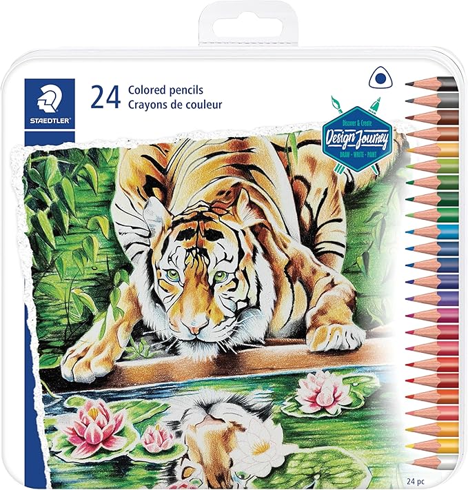 STAEDTLER Colored Pencils, Triangular Barrel, 24 Pack Assorted, Metal Tin 1278 M24