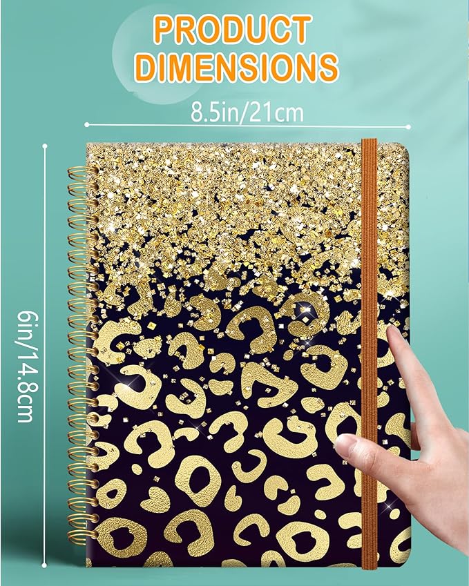 Ruled Spiral Writing Notebook,A5 Hardcover Lined College Journal for Women Lady,Fashion Puppy Watercolor Strong Twin-Wire Binding with Premium Paper,8.4" X 6",Perfect for School,Office,Home Gifts(Shiny Gold Leopard)