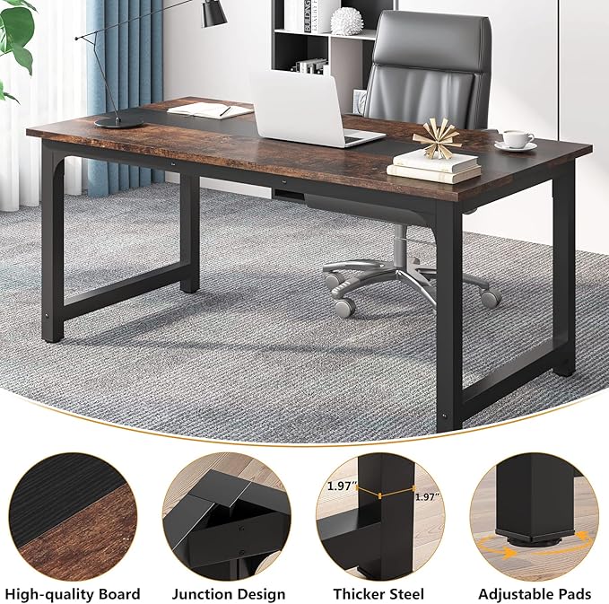 Tribesigns 63” Executive Desk, Large Office Computer Desk with Thicken Frame, Modern Simple Workstation Business Furniture for Home Office, Vintage Brown/Black