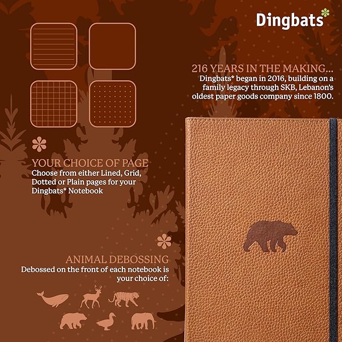 Dingbats* Wildlife Grid Writing Journal Notebook A5 - Vegan Leather Hardcover - Ideal for Work, Travel - Pocket, Elastic Closure, & Bookmark