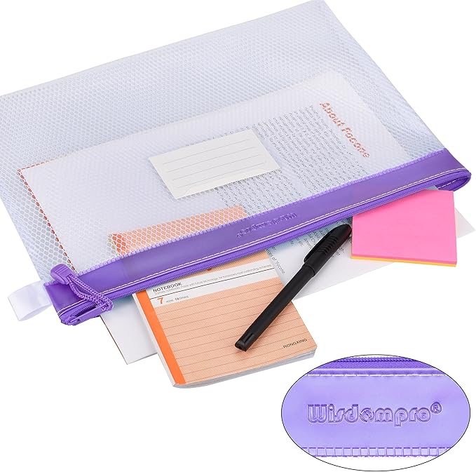 Zipper Pouch, Wisdompro 4 Packs Durable Letter Size Waterproof Mesh File Bag, Document Organizer - Purple
