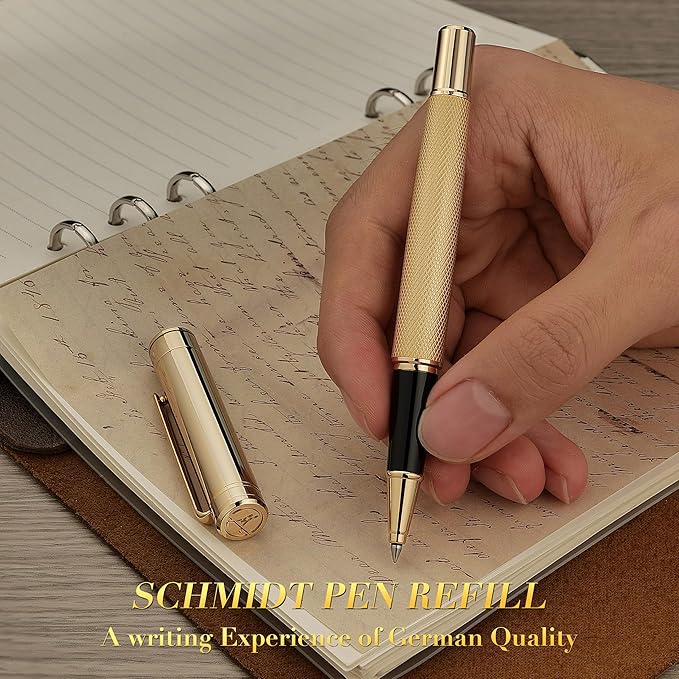 Gold Rollerball Pen, Stunning Luxury Pen with Mesh Texture Design and 24K Gold Finish, Fancy Gift Set for Men & Women, Business Signature, Executive, Office, Nice Fancy Designer Pens