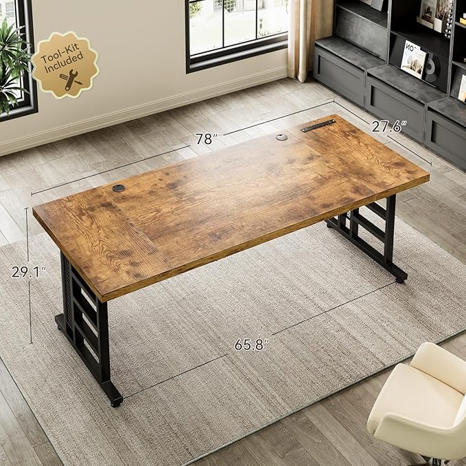 Coleshome 78 Inch Executive Desk with USB Ports, Large Computer Desk with Extra Thick, Long Mordern Office Desk, Workstation Business Furniture for Home Office, Vintage