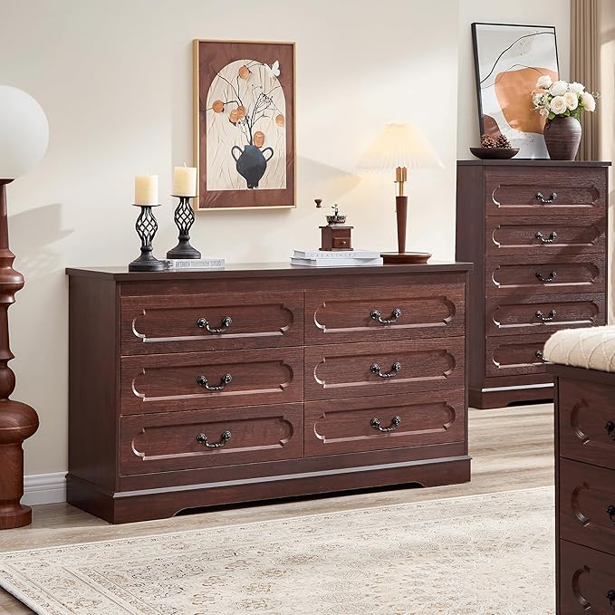 LIDYUK 6 Drawer Dresser for Bedroom Farmhouse Cherry Tall Wood Chest of Drawers for Bedroom Dresser, Modern Rustic 55" Wide Drawers Dressers Wooden Closet and Storage Cabinet, Hallway, Living Room