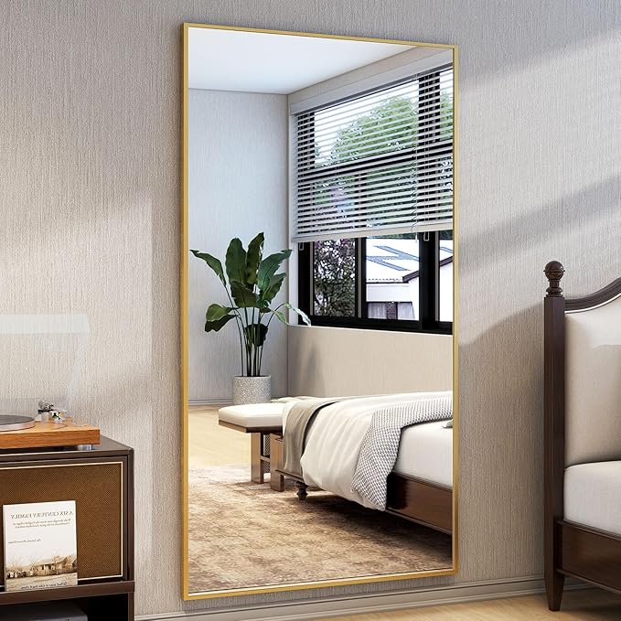 Full Length Mirror with Stand 34"x76" Full Body Mirror Floor Mirror Standing Hanging or Leaning Wall, Wall Mirror with Stand Aluminum Alloy Frame for Living Room Bedroom Cloakroom,Gold