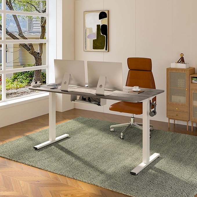 FLEXISPOT EN2 Whole-Piece Standing Desk with Clamp Power Strip, 48 x 24 Electric Stand Up Height Adjustable Desk with Cable Management (White Frame + 48" Gray Wood Grain Desktop, 2 Packages)