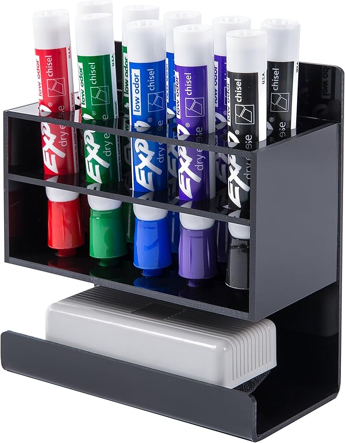 MyGift Dry Erase Marker Holder 10 Slots Whiteboard Marker Holder for Wall Dry Erase Eraser Holder Wall Mount Black