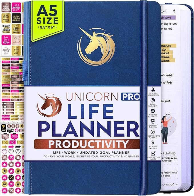 Life Planner - Undated Daily, Weekly & Monthly Planner with Budget Section | A 12 Month Journey to Increase Productivity & Happiness | Life Organizer & Gratitude Journal - Horizontal Format