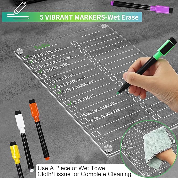 Acrylic Magnetic Dry Erase Board for Fridge, 12"X8" Clear Magnetic to Do List White Board, Acrylic Dry Erase to Do List for Refrigerator, Magnet Whiteboard 5 Markers 2 Pcs