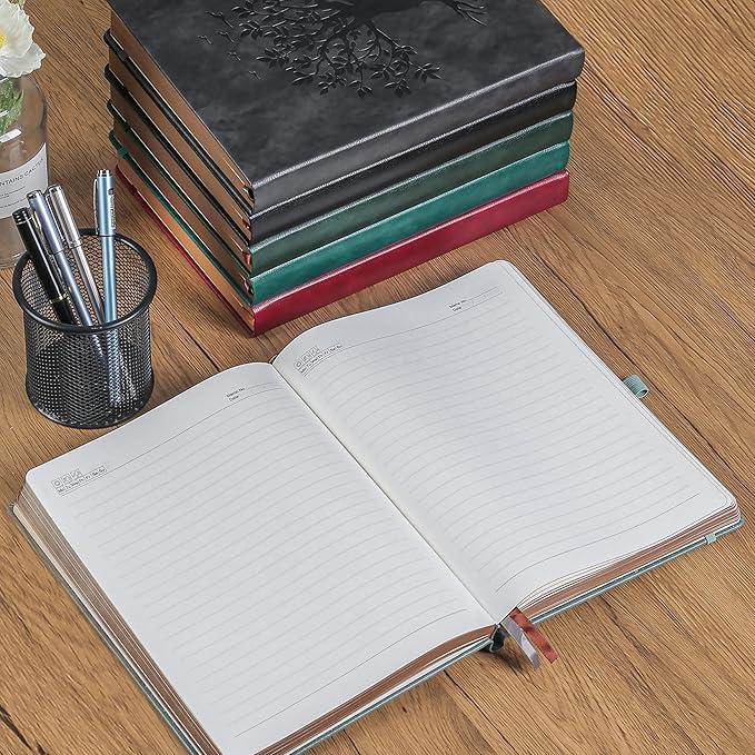 ZXHQ B5 360 Pages Lined Journaling Notebooks with Pen, Journals for Women Men Writing Notebook, Tree of Life Design, Brown Edge, Fine Inner Pocket - Grey