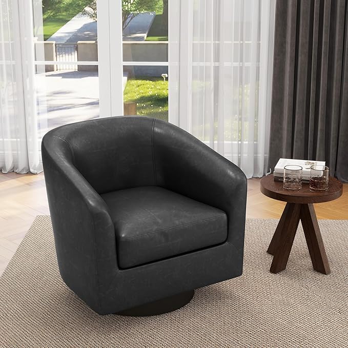 UIXE Faux Leather Swivel Accent Chair with Wood Base, Modern Upholstered Barrel Chairs for Living Room, Comfy Round Armchair Single Sofa Bedroom Reading Seat - 31" W, Black