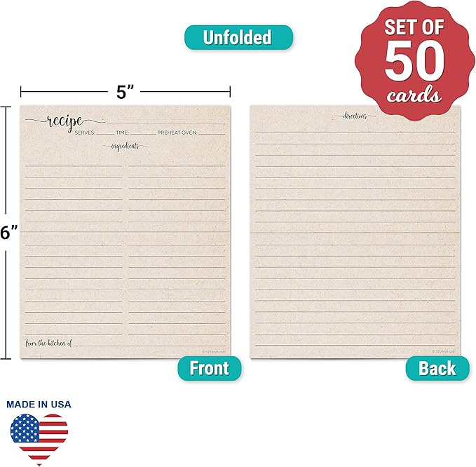 321Done Folding Recipe Cards (Set of 50) Rustic Kraft Tan, From the Kitchen Of - Folds to 3x5 from 6x5 - Retro Vintage Minimalist Wedding Baby Bridal Shower Boho - Made in USA - Double-Sided, Folded