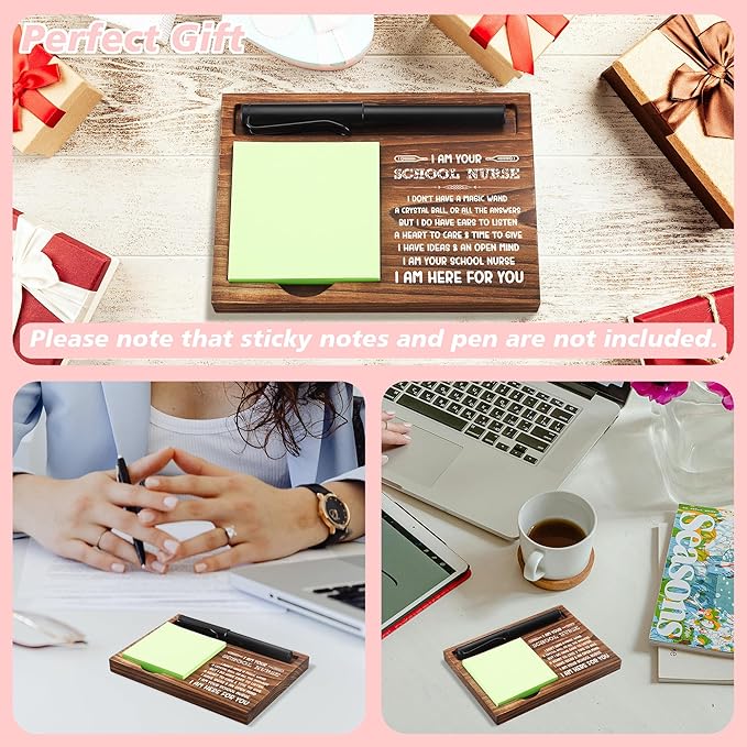 School Nurse Sticky Note Holder Wooden Notepad & Pen Holder 6.5" x 4.7" Sticky Note Pad Holder Dispenser for Desk School Nurse Work Gifts, NPA188