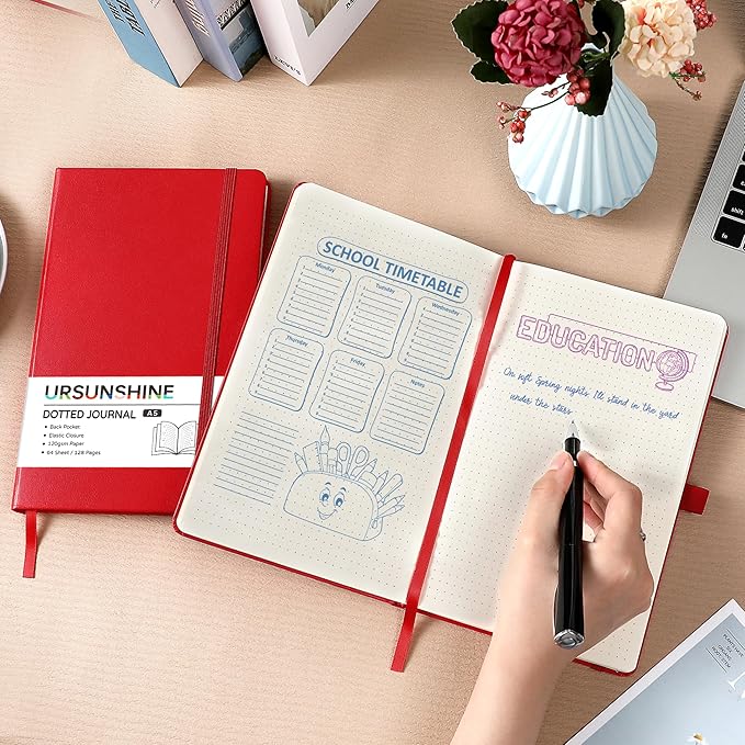 Dotted Journal/Notebook - Dot Grid Hard Cover Notebook, Premium Thick Paper with Fine Inner Pocket, Black Smooth Faux Leather, Pen Loop, 5.3'' x 8.26'' - Red