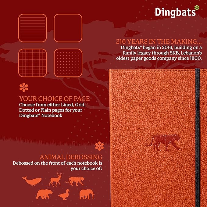 Dingbats* Wildlife Lined Writing Journal Notebook A5 - Vegan Leather Hardcover - Ideal for Work, Travel - Pocket, Elastic Closure, & Bookmark