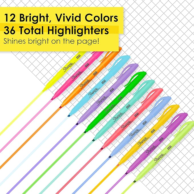 SHARPIE Pocket Highlighters, Narrow Chisel Tip, 12 Assorted Fashion Colors, 36 Count