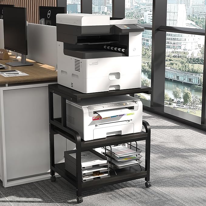 3-Tier Printer Stand with Wheels Retro Brown Printer Desk Removable and Fixed Printer Stand Rolling Cart Rack for Fax Machine, Scanner Office and Home Storage Rack
