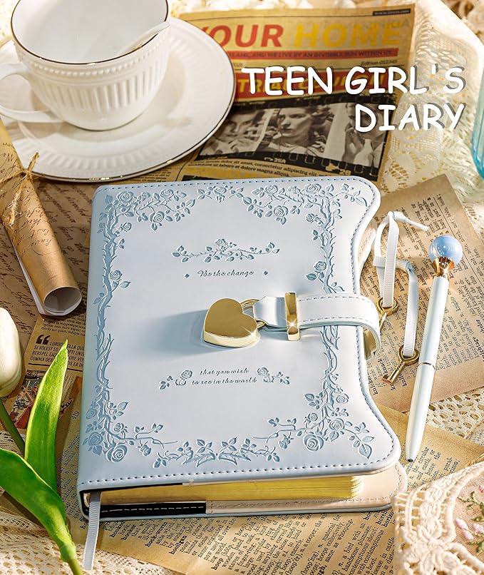 Diary with Lock and Keys for Girls Gifts Ideas, 360 Gold Edged Pages Journal for Women, B6 Refillable Notebook for Writing with Pen and Bookmark (Light Blue)