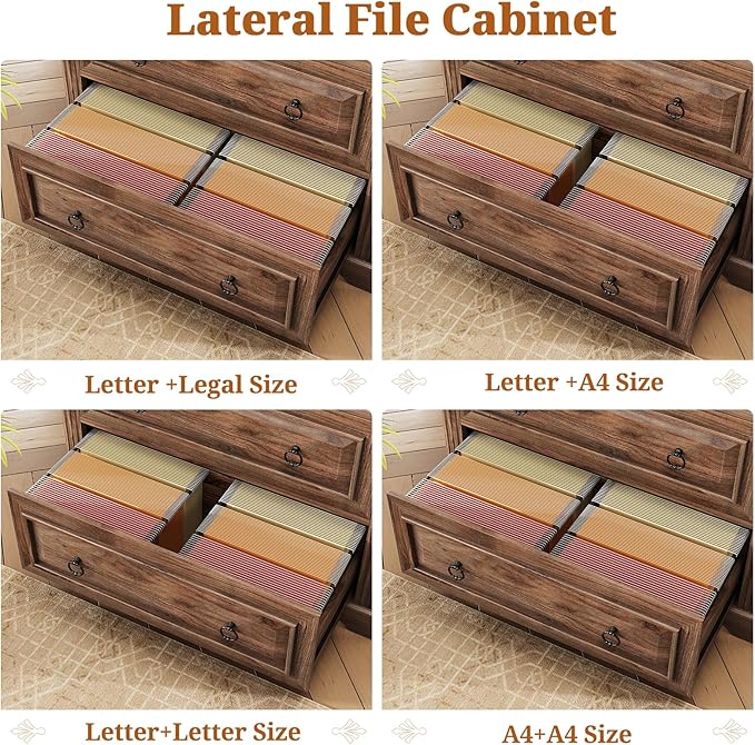 Itaar 2 Drawer File Cabinet, Farmhouse Filing Cabinet for Home Office Fits Letter, Legal, A4 Size, Wood Lateral File Cabinet with Printer Stand, Storage Shelf, Brown