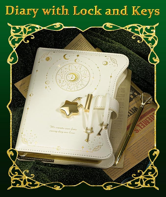 Diary with Lock and Keys for Girls Gift Ideas, 360 Gold Edged Pages Journal for Women, B6 Refillable Notebook for Writing with Pen and Bookmark (Astro White)