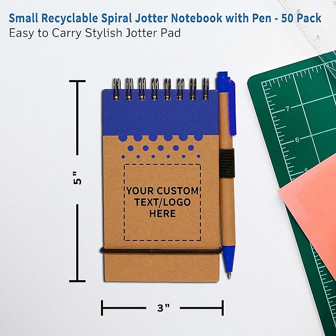 DISCOUNT PROMOS 50 Recyclable Spiral Small Notebooks Pack - Customizable Text, Logo - 60 Lined Pages - Blue