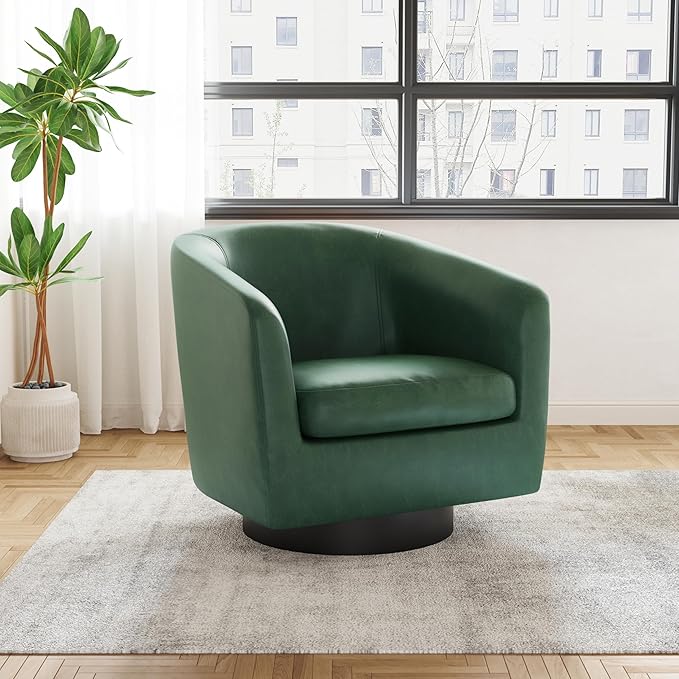 UIXE Faux Leather Swivel Accent Chairs Set of 2, Modern Upholstered Barrel Chairs for Living Room, Comfy Round Armchair Single Sofa Bedroom Reading Seat - 31" W, Green
