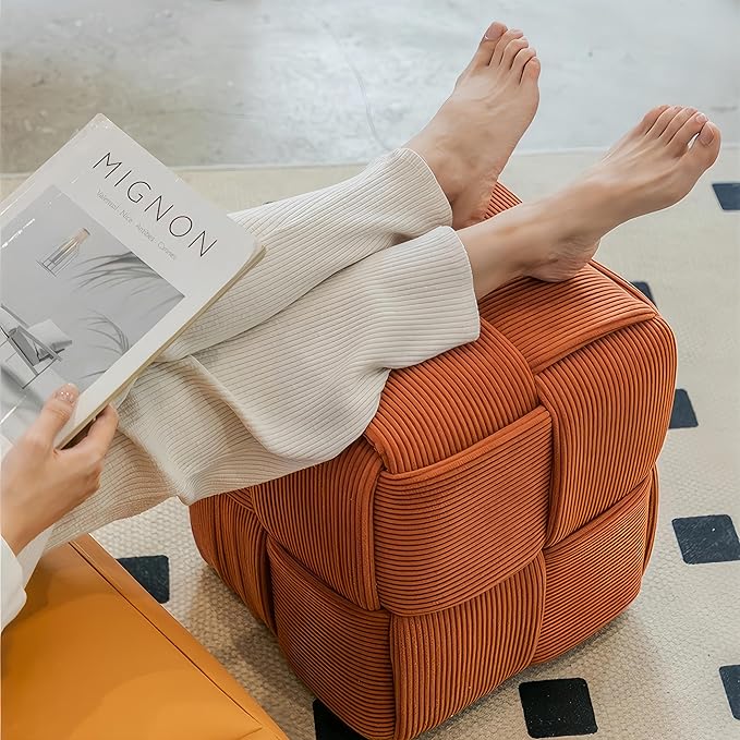 Ottoman Foot Rest Soft and Comfortable Ottoman Square Corduroy Woven Design Sofa Stool (Orange)