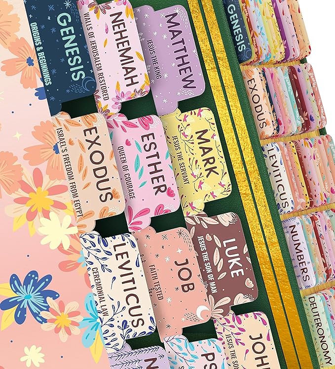 Bloom Beauty Bible Tabs for Women – Soul Nourishing Book Summaries – 66 Peel-and-Stick Large Print Laminated Bible Tabs | Bible Study Supplies Gold, Journaling Accessories, Gifts, the Shepherd of Life