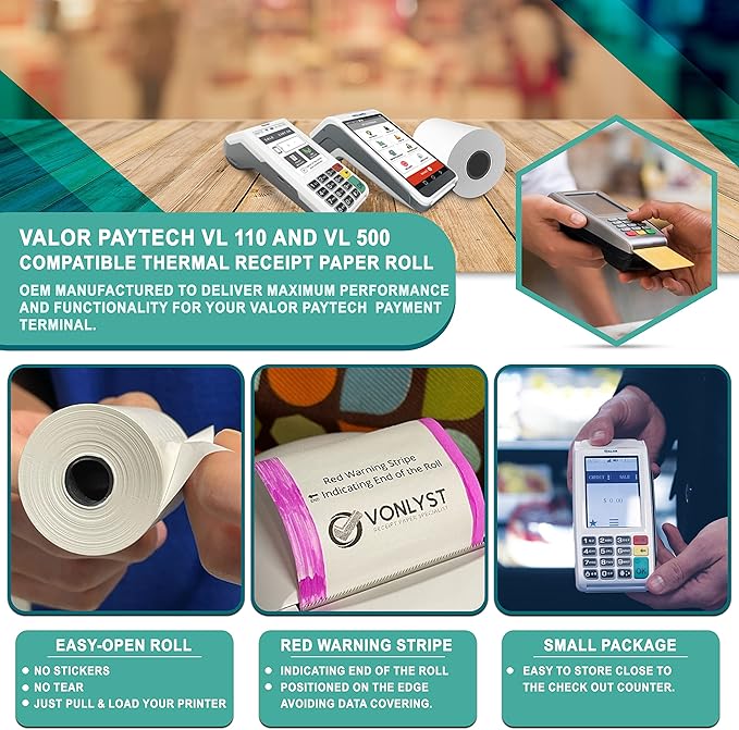 Receipt Paper Roll for Valor Paytech VL 110 and VL 500 Credit Card Machine (50 Rolls)