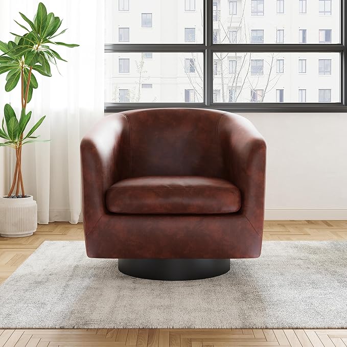 UIXE Faux Leather Swivel Accent Chairs Set of 2, Modern Upholstered Barrel Chairs for Living Room, Comfy Round Armchair Single Sofa Bedroom Reading Seat - 31" W, Red Brown