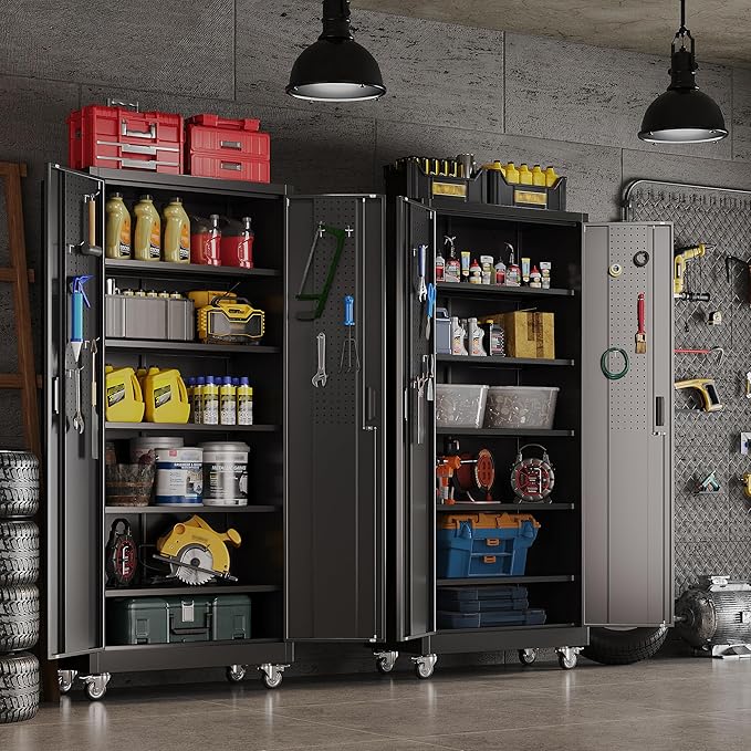 Aobabo Upgraded Garage Storage Cabinets with Wheels,Metal Storage Cabinets with 5 Adjustable Shelves for Garage Home Office Storage, Black,71''H*32''W*16''D,Assembly Required