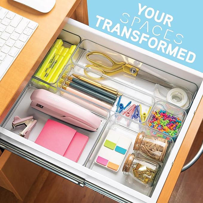 Plastic Clear Drawer Organizers. Bathroom, Kitchen, Bedroom, Jewelry, Office Organizer Bins, Storage Trays. Heavy Duty, Stackable. 9" x 3" x 2" Set of 6