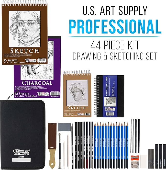 U.S. Art Supply 44-Piece Drawing & Sketching Art Set with 4 Sketch Pads (242 Paper Sheets) - Professional Artist Kit, Graphite, Charcoal, Pastel Pencils & Sticks, Erasers - Pop-Up Carry Case, Student