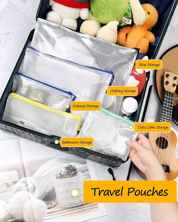 SUNEE Plastic Mesh Zipper Pouch 10x14 in (9 Colors, 18 Packs),Extra Large Water-Resistant Zip Bag for School Office Supplies, Puzzles & Games Organizing Storage