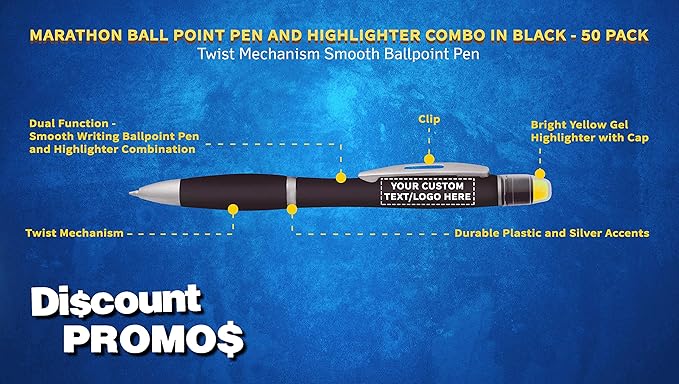 DISCOUNT PROMOS 50 Marathon Gel Highlighter Pens Pack - Customizable Text, Logo - Twist Mechanism, Ballpoint - Black